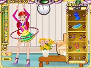 Screenshot of Hula Hoop Sara Dress Up game showing a girl with a hula hoop and various sporty and glamorous outfit options for a dance competition, free online styling game.