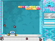 Screenshot of the Hedgiz free online game showing a cute hedgehog bouncing off a player-controlled trampoline toward colored blocks floating above.