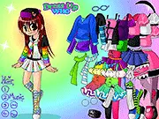 Screenshot of Rainbow Style Girl dress up game showing a girl model in a colorful, disco-themed outfit with vibrant hair and accessories, free online styling game.