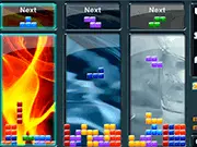 Screenshot of the Tritris: Fire Water Ice puzzle game showing three separate Tetris boards (Fire, Water, Ice) filled with falling blocks.