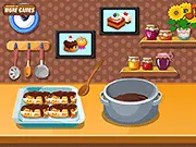 Online cooking game screenshot showing steps to make chocolate eclairs, baking game free