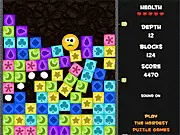 Screenshot of the Match and Dig online game showing a colorful grid of blocks with the character 'Smiley' digging downwards, and a red warning indicator for the falling ceiling