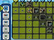 Screenshot of the Mega City online game showing a grid full of colorful, strategically placed building tiles with score indicators above each column