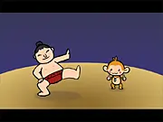Sumo Rhythm game image showing two cheerful cartoon sumo wrestlers in the middle of a rhythmic match on a stylized dohyo.
