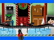 Santa's Deadly Descent game screenshot, Santa Claus shooting a gun at bad kids to save Christmas toys