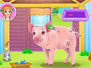 Screenshot from Amelia's Piggy Care game showing the player treating an injured but adorable pet pig with various vet tools, available to play free online.