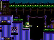 Screenshot from Cathode Raybits II showing the pixel art protagonist shooting a projectile at one of the six new boss robots in the 8-bit platformer.