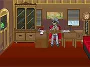 Screenshot of the free online game Zombie Society - Dead Detective showing the undead detective talking to a witness