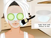 Screenshot from the Make Me Fab! free online game showing a teenager receiving a full beauty treatment and makeover, including skincare and makeup application.