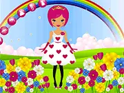 Under the Rainbow dress-up game screenshot, magical girl with colorful hair and clothing against a rainbow background