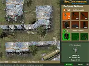 The DinoHunters Tower Defense game screenshot showing turrets fighting waves of large dinosaurs on a jungle map, play free strategy game