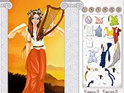 The Muse of Poetry Dress Up game screen showing a stylized character and various options for changing hair, clothes, and accessories like books and quills