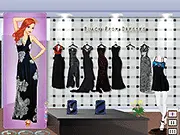 Screenshot of the Black Prom Dresses fashion game showing a model trying on a sophisticated, long black evening gown with matching makeup on PlayArcadeHub