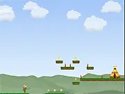 Pygmy - Valley of Adventures game screenshot, character jumping on a platform to collect a coin while avoiding a small enemy, play free online.