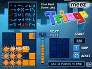 Tringo online game screenshot showing a colorful puzzle board with geometric blocks being placed to form and clear horizontal and diagonal lines on PlayArcadeHub