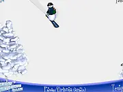 A character skiing down a melting hill, grabbing blue snowflakes and dodging red fires in the free online game Holiday Meltdown