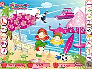 Designing a seaside scene in the Perfect Beach Decorating game, featuring a speedboat, dock, and sun umbrella