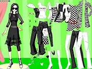 Goth Dress Up online game featuring a character styled in black and white Gothic Lolita fashion with lace and ribbons on PlayArcadeHub