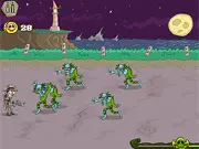 Screenshot of the free online game Zombie Book, showing Mr. Turner and his friends defending a barricade against a horde of zombies with guns and magic spells.