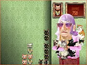 Screenshot of Stack The Cats online game showing a tower of colorful, irregular cat shapes stacked precariously high against a blue background