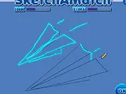Sketch A Match free online drawing game screenshot showing a hand tracing an image with a blue ink trail and timer