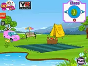 Screenshot of Hello Kitty Family Picnic decoration game, showing Hello Kitty and her family standing in a brightly decorated outdoor picnic setting.
