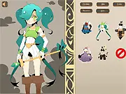Screenshot of Hero Dress Up game showing a customizable character in heroic armor with various weapons and accessories.