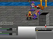 Chaos Dawn game screenshot showing a knight fighting a creature inside a dark stone dungeon, free online RPG game on PlayArcadeHub