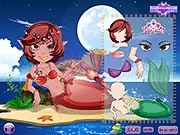 Moonbeam Mermaid Dress Up game screenshot showing a mermaid character in a glamorous pose with her tail, top, and various accessories ready for customization