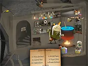 Elixir Baba-Yaga game featuring the Slavic witch Baba-Yaga in her hut and magical ingredients for a potion, free online puzzle game