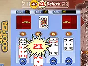 Hit 21 Deluxe: Gary Cooper game screenshot showing playing cards being matched to hit a score of 21 under a running timer, free online card puzzle on PlayArcadeHub