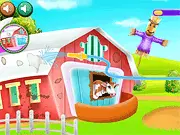 Screenshot of Sara's Farm Care game showing a farmer planting crops and a separate scene of a character treating an injury.