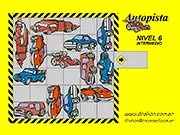 Autopista free online game screen showing a top-down view of cars blocking a red vehicle in a traffic puzzle grid