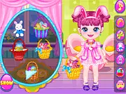 Screenshot from Baby Spa For Easter Day, showing the baby getting a facial mask and a range of Easter-themed clothing options on PlayArcadeHub.
