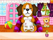 A cute cartoon dog with a small bandaged wound receiving care in the Doggie Daycare Vet Care free online simulation game
