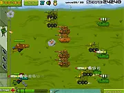 Screenshot of Command and Defend online game showing the player shooting incoming enemy tanks and deploying turrets