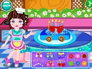A decorated cartoon cake shaped like a race car, covered in colorful sprinkles and ribbons in the Car Cake Bakery & Decorator game