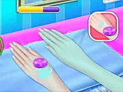 Screenshot of Wanda's Hand Care Spa showing a close-up of a hand on a towel, mid-treatment, with various spa tools, moisturizers, and colorful nail polish bottles surrounding it.