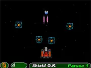 Gorlog 2002 online game screenshot: Top-down view of a spaceship firing at multiple enemy alien ships in space