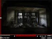 Gameplay screenshot of Escape Mystic Manor, featuring an inventory bar and a spooky, dimly lit room with a purple blur indicating a hidden object