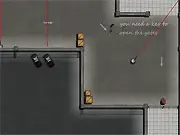 Jailbreakers game screenshot showing a top-down view of a character dodging red laser fences in a gray prison maze, free online game