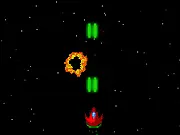 Gameplay screenshot of Lunar Strain, featuring a starship shooting at alien enemies and dodging stun rocks in deep space