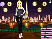Romantic Girl Dress Up game screen showing a styled girl posing with a beautiful cityscape, possibly the Eiffel Tower, in the background.