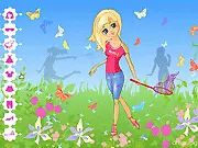 Butterfly Catcher Dress Up game screen showing a styled girl holding a butterfly net on a sunny day.