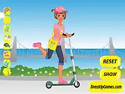 I Love My Scooter Dressup online game showing a girl in bright summer clothes with a scooter