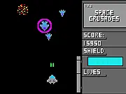 Space Crusades online 8-bit vertical shooter game screenshot showing a spaceship firing at alien enemies