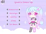 Screenshot of Yuuki's Dress Up free online game showing the cosplayer with different anime-themed outfits and costumes