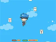 Screenshot of Sky Boy Jump free online game showing a boy bouncing high on platforms in the clouds while trying to collect a playing card