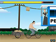 Screenshot of Costumbres Peronistas free online game showing a pixelated cyclist collecting falling boxes on a street background