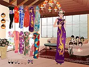 Screenshot of Chinese Bride Dress Up game showing a bride wearing a traditional red and gold Chinese wedding dress (Qipao or Kwa)
